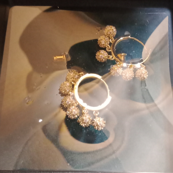 14 k Yellow Gold Plated Cubic Zirconia Ball Tassel Hoop Earrings - Picture 3 of 3